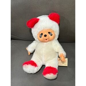Vintage Fun World Panda Monchhichi  Plush Doll White Red Vinyl Face Korea